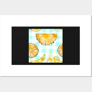 blue, mint, square, pineapple, banana, yellow, orange, juicy, fruit, glitter, gold, summer, pattern, funny, sunny Posters and Art